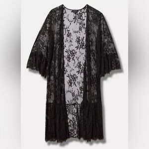 #x096 - Torrid Lace Scallop Trim Kimono Deep Black Long Sleeve Flounced Hem